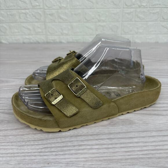 Birkenstock Vaduz Slide Sandals Sz 38 Gold Metallic Suede Leather Slip On Buckle - Picture 5 of 9